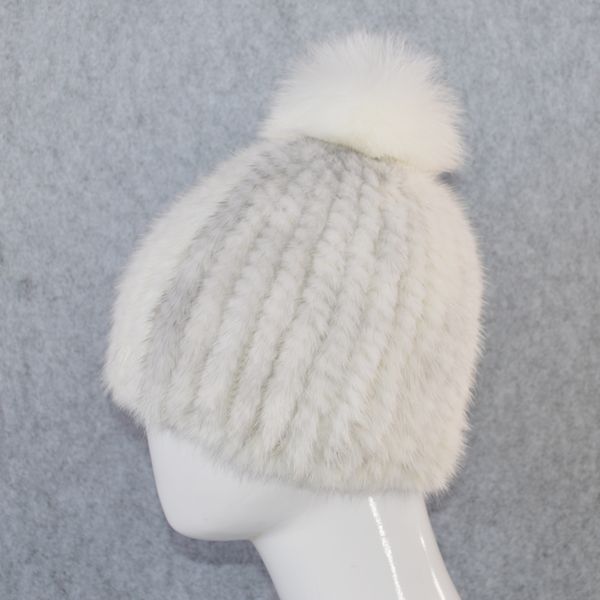 

2020 casual winter female mesh caps natural mink fur hats from genuine girl real big fox beanies hat, Blue;gray
