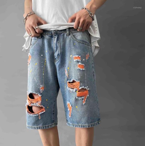

men's jeans 2021 summer youth male loose hole color matching five points fashion casual straight shorts blue1, Blue