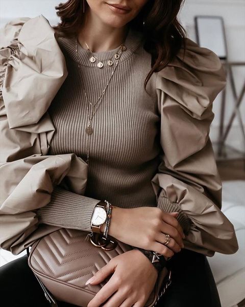 

round neck puff sleeve insert ribbed blouse women spring autumn long sleeve casual blouse streetwear, White
