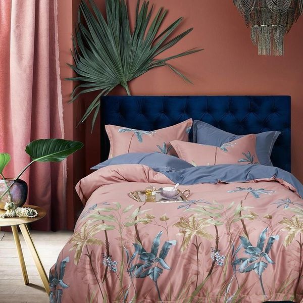

bedding sets full  duvet cover set 100%cotton yellow pink soft tropical palm tree leaves bed sheet pillowcases