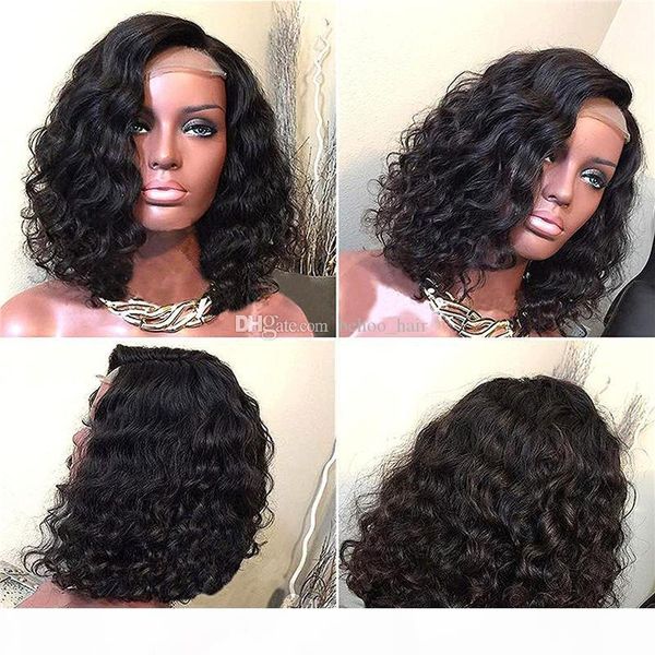 

full lace human hair wig wavy short bob pre-plucked hairline brazilian virgin hair 150% density lace front wig with baby hair, Black;brown