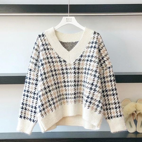 

loose sweater women's autumn and winter new v-neck fashion lazy top, White;black