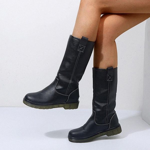 

2020 women leahter knee high boots fashion folding slip on winter high boots casual low heels long slim ladies #lf8y, Black