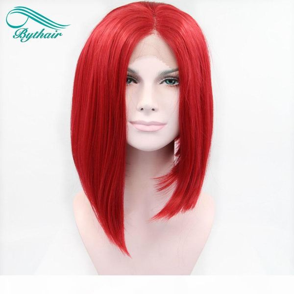 

bythair short bob red color hair wigs glueless hand tied synthetic lace front wig heat resistant fiber hair for women, Black