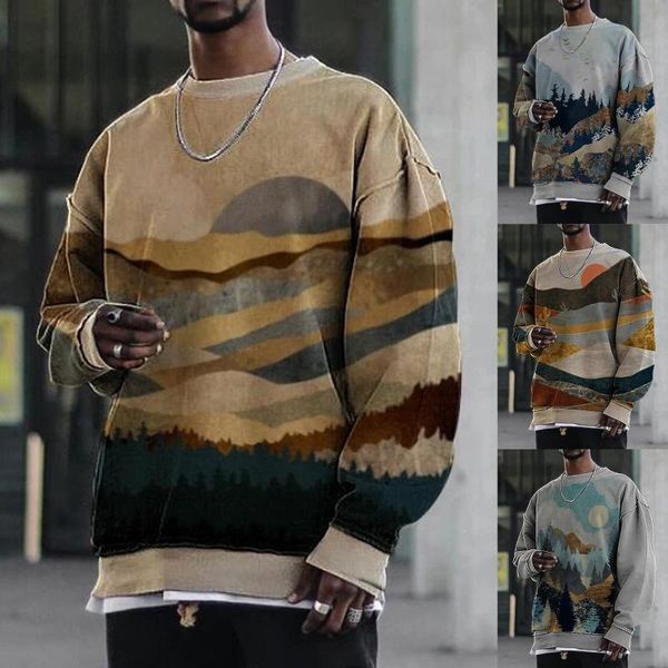 

men's hoodies & sweatshirts 2021 autumn sweatshirt men streetwear o neck fashion lanscape mountian print for m-4xl, Black