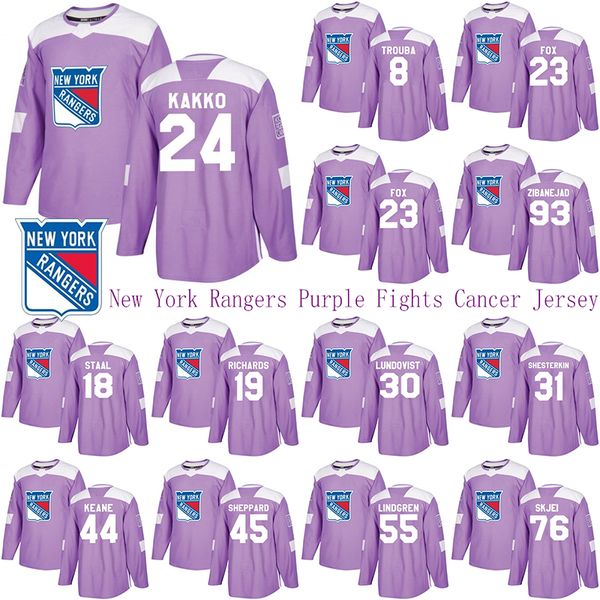 

new york rangers purple fights cancer jersey 24 kaapo kakko 10 artemi panarin 8 jacob trouba 23 adam fox hockey jerseys, Black;red