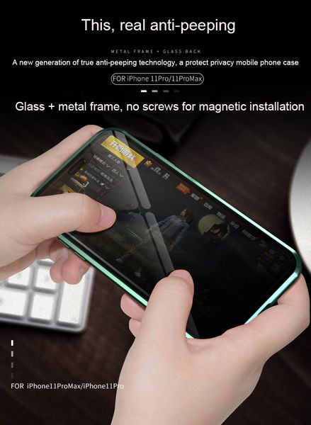 

new anti-peeping magnetic mobile phone case for iphone 11 pro max double-sided glass metal protective cover
