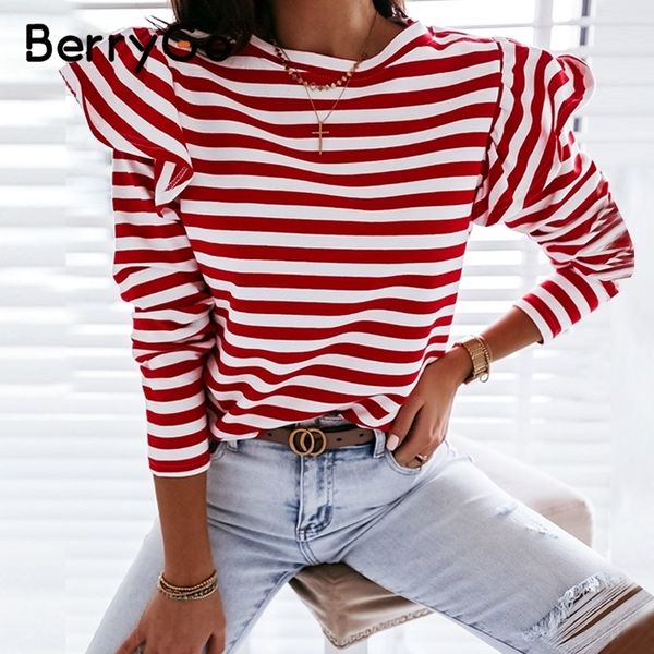 

berrygo causal long sleeve red white striped for female autumn winter ruffled base shirt streetwear o-neck women 201028