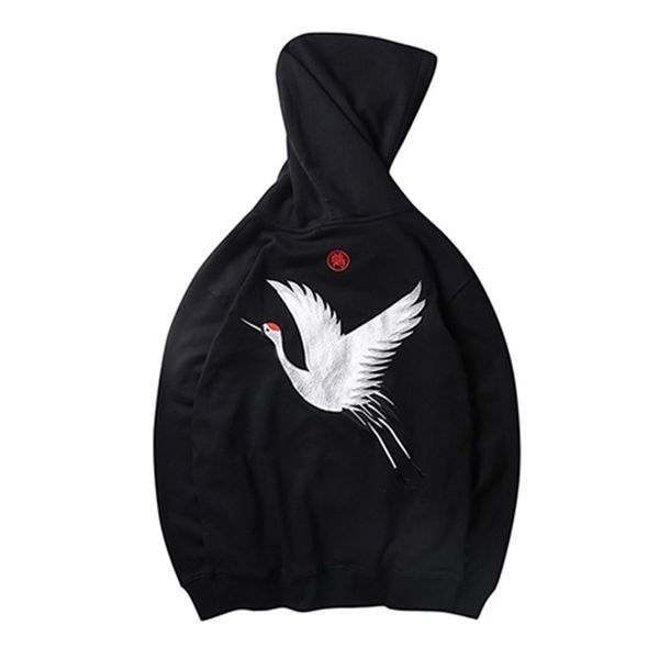 

men hip hop hoodie sweatshirt embroidery crane japanese streetwear autumn cotton pullover retro kg-245, Black