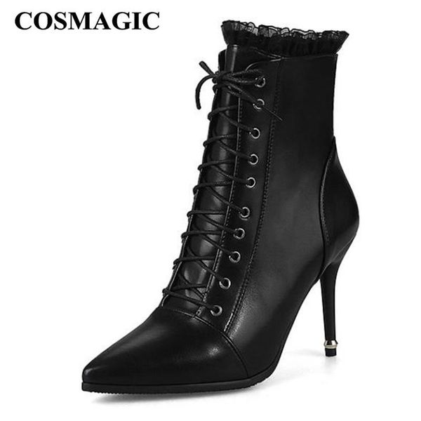 

boots cosmagic 2021 women pointed toe fashion high heel zip lace up thin short botas mujer plus size, Black