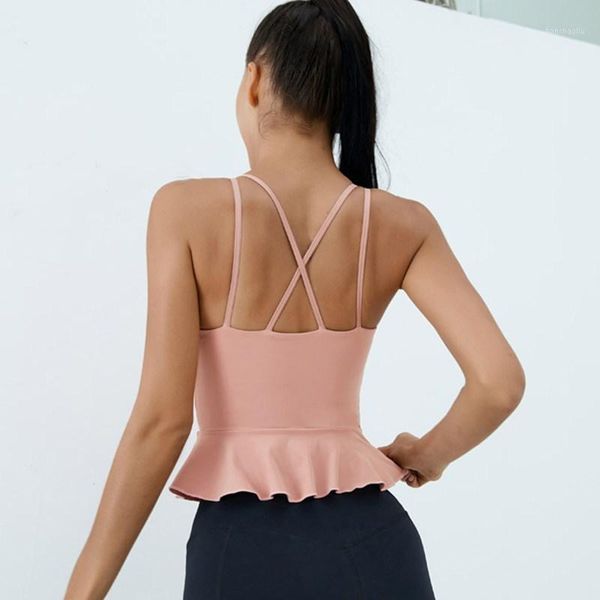 

yoga outfits 2021 autumn thin shoulder strap cross vest women's tight sports underwear ruffled shockproof gather running tank, White;red