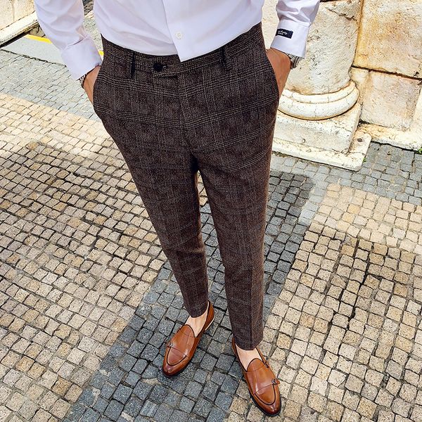 

autumn winter pantalon clasico hombre plaid suit trousers wedding men office business pants slim fit 201109, Black