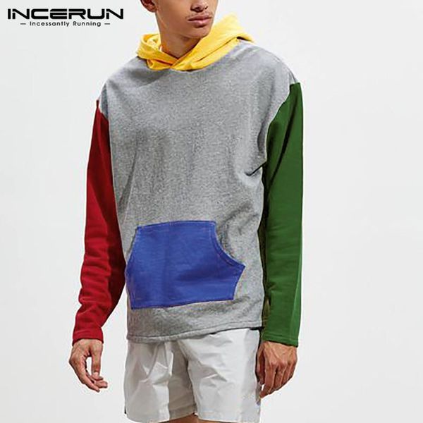 

men casual sweatshirts color block patchwork hooded long sleeve workout hoodies pockets streetwear mens pullovers incerun s-3xl, Black