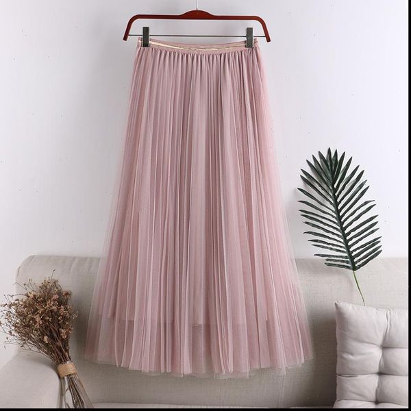 

2021 new women skirts high waist slim mesh skirts elastic waist larg swing a line tulle skirts ladies midi faldas saias, Black