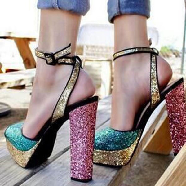 

cop multi-lantejoules sandals in leather tornozzle sent peep toe high leap glow women bling of platform shoe b4l4, Black