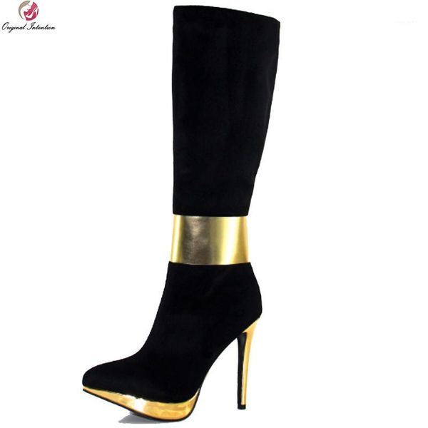 

original intention nice stylish women knee high boots pointed toe thin heels boots high-quality black shoes woman us size 4-10.51