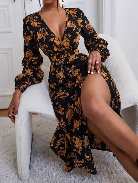 

allover floral print plunging neck lantern sleeve slit thigh dress i1sl#, Black;gray