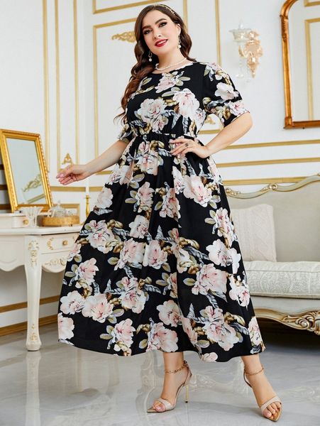 

plus floral print a-line dress k0cl#, Black