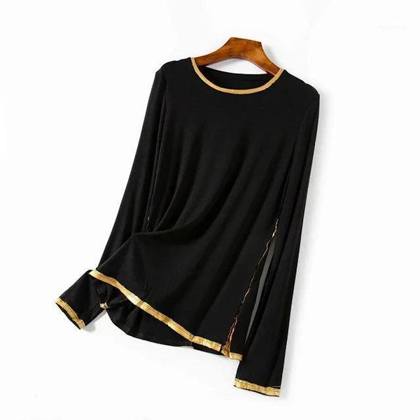 

women t-shirt autumn new three-color comfortable bronzing piping long-sleeved t-shirt1, White