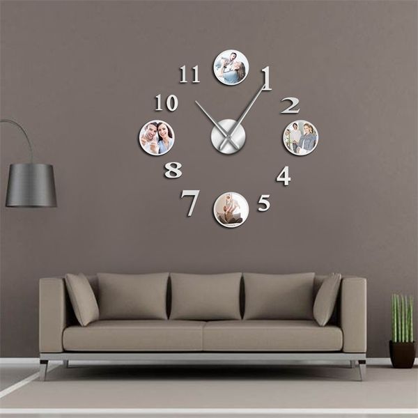 Foto Bild Rahmenlose DIY Große Mute Wanduhr Benutzerdefinierte Foto Dekorative Wohnzimmer Familie Uhr Personalisierte Rahmen Bilder LJ201211