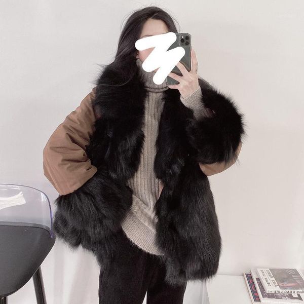 

women's trench coats 2021 winter high-definition finnish snow fur lady wears lapel suit stitching coat wear both sides zf98721, Tan;black