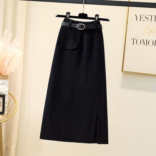 

2021 new spring female knitting black pocket skirts bag hip slit a y341 line 4eda