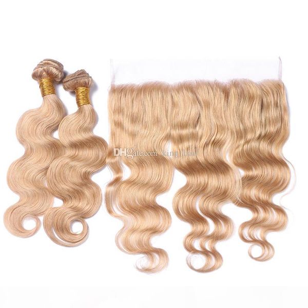 

new arrival #27 ear to ear lace full lace frontal with hair bundles strawberry blonde body wave hair weaves with lace frontals, Black