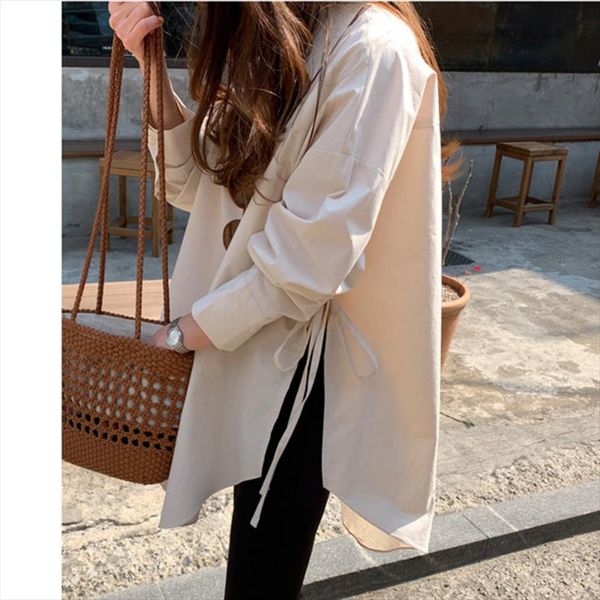 

lanmrem 2020 spring summer casual white shirt for female side vent bandage design niche irregular long sleeve loose tosp yj216