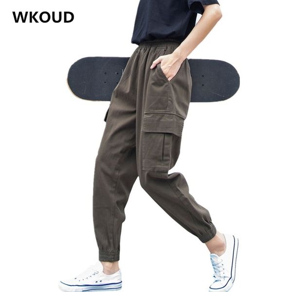 

wkoud plus size 5xl cargo pants for women solid loose big pockets sweatpants casual bf ankle-length trousers female pant p8800 y200114, Black;white