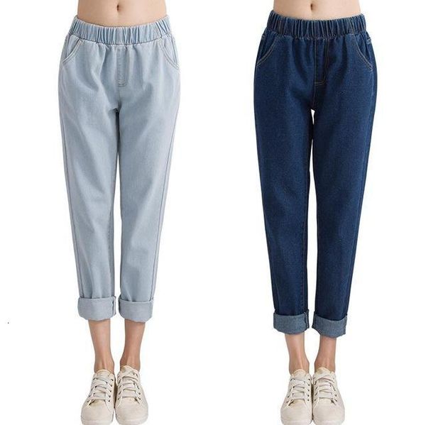 

fashion 2020 spring summer casual cotton ankle-length jeans women cargo cowgirl demin elastic waist design pants ing, Blue