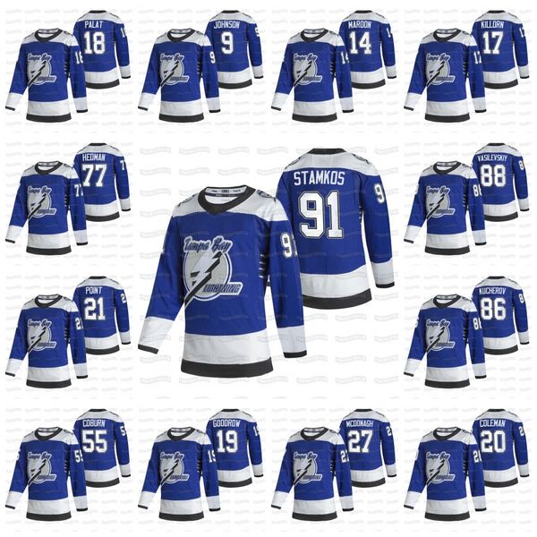 

victor hedman tampa bay lightning 2021 reverse retro nikita kucherov brayden point steven stamkos mcdonagh johnson gourde jersey, Black;red