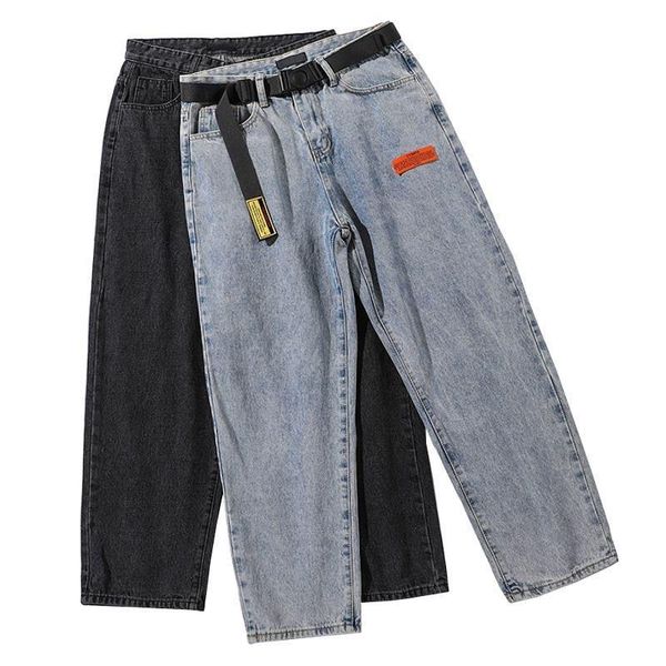 

spring mens korean fashoins harem blue jeans pants 2021 vintage straight pants harajuku jeans baggy belt denim