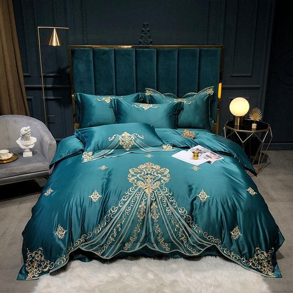 

luxury 100s satin tencel silk soft breathable embroidery pillowcases summer for bed sheet duvet linen set fitted bedding cover