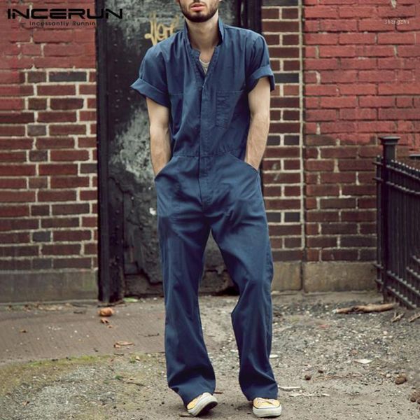 

incerun men jumpsuit casual pants solid joggers streetwear 2020 loose shortsleeve fashion mens rompers cargo overalls s-5xl1, Black