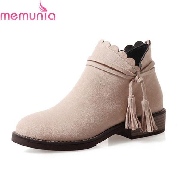 

memunia 2020 new arrival ladies boots round toe with fringe ankle boots for women square heels with ruffles casual shoes, Black