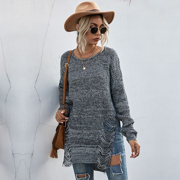

new women's ripped autumn sweaters disdressed long knit ribbed clothes lady's wooly winter jumpers side slit pullovers 210203, White;black