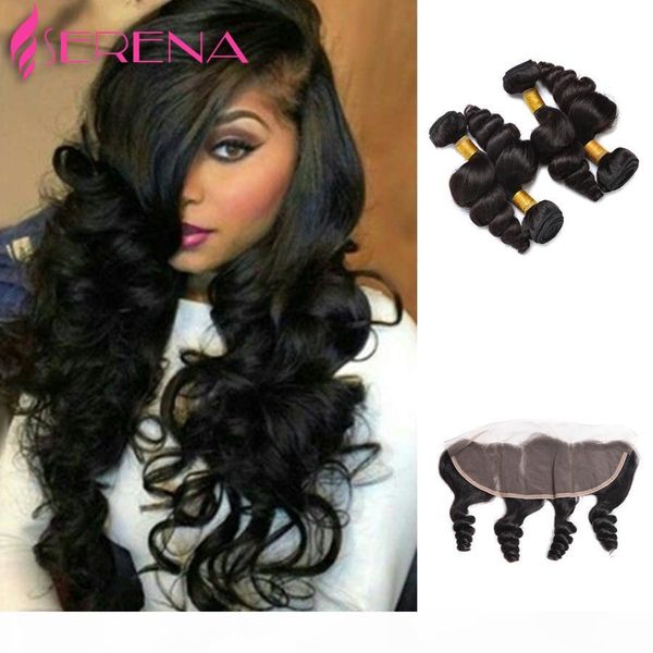 

brazilian virgin hair with closure loose wave 4 bundles with closure brazilian loose wave lace frontal closure with bundles, Black;brown