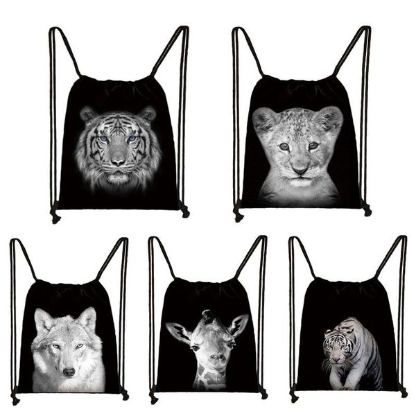 

black white wild animals print drawstring bag men storage bags boys tiger lion wolf backpack teenager travel bag bookbag h bbyrwt