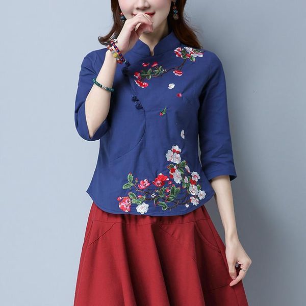 

2019 new ethnic embroidery t shirt women 3/4 sleeve handwork button summer high collar cotton linen tees elegant ladies, White