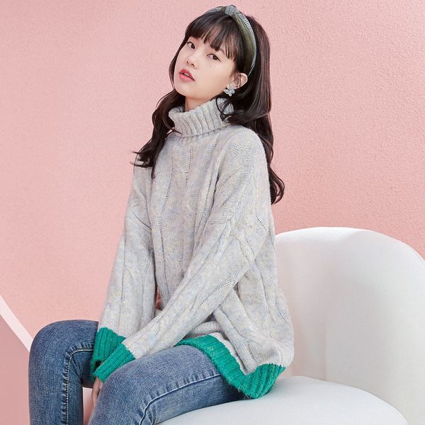 

2021 new womens baagy soft warm knit high neck sweater colorblock knitted pullovers knitwears 5jrd, White;black