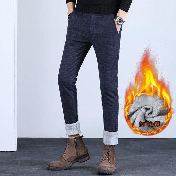 

men's pants winter plus velvet thick suit cotton trousers stretch business casual size warm straight fleece, Black