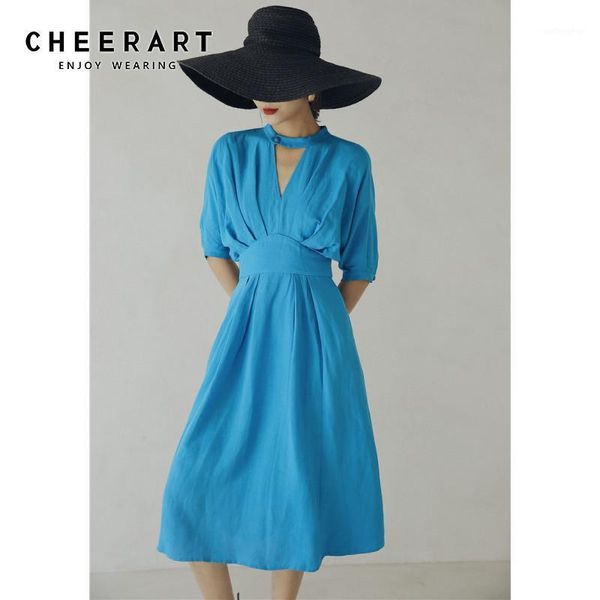 

cheerart candy color summer long tunic dress women cotton batwing sleeve v neck midi french a line ladies dress hollow out1, Black;gray