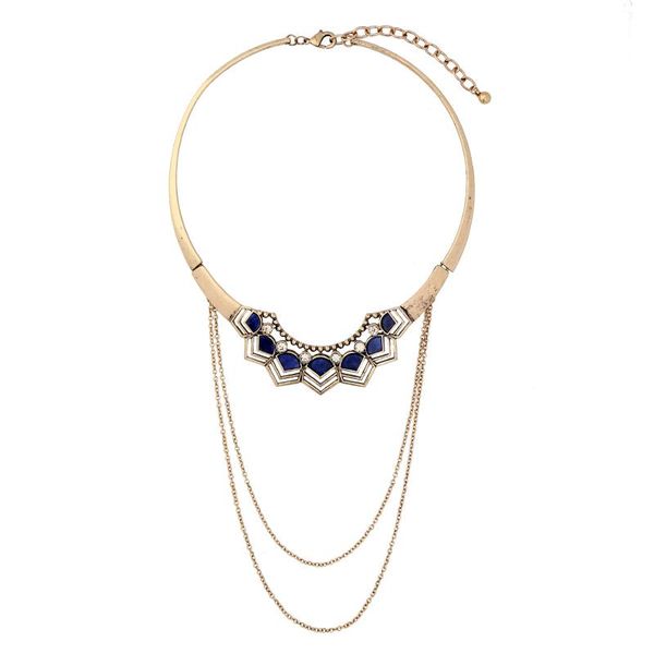 

blue natural stone statement necklace for women fashion collier layered link chain vintage necklace jewelry, Golden;silver