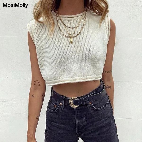 

mosimolly sleeveless knitted vest o neck cropped sweater jumper vest pullovers1, Black;white