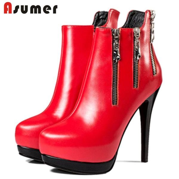 

boots asumer 2021 fashion thin high heel ankle women zipper genuine leather pointed toe platform party shoes, Black