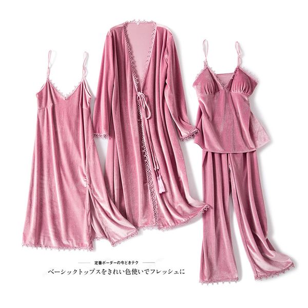 

4pcs pajamas set velour sleepwear for young lady with belt nightwear velvet full sleeve winter warm home clothing sleep set, Black;red