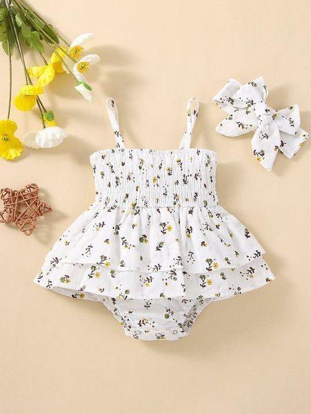 

baby floral print shirred combo bodysuit dress with headband she, Red;yellow