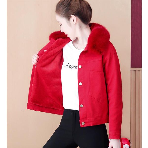 

short denim plus velvet cotton jacket women 2020 winter fashion new fur collar long-sleeved loose warm coat trendy 246, Black