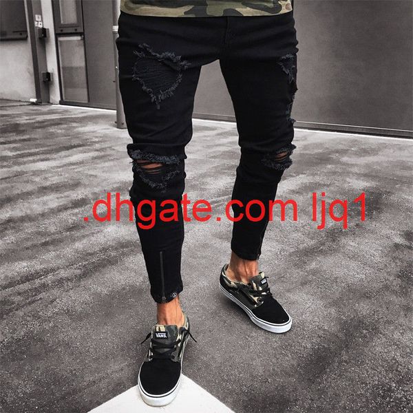 

men's jeans hole trend men's trousers new elastic slim leggings, Blue