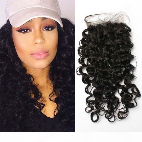 

7a unprocessed human hair 4x4 curly lace closure peruvian virgin hair natural color human hair extensions 1 piece closure ing, Black;brown